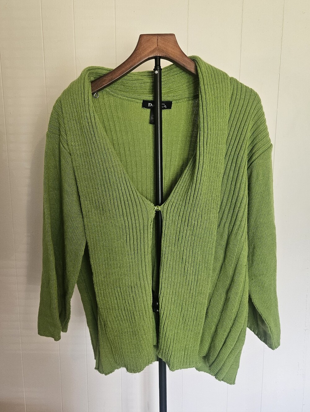 Denim&Co Lime Green Ribbed Open-Front Cardigan With One Button Size XL